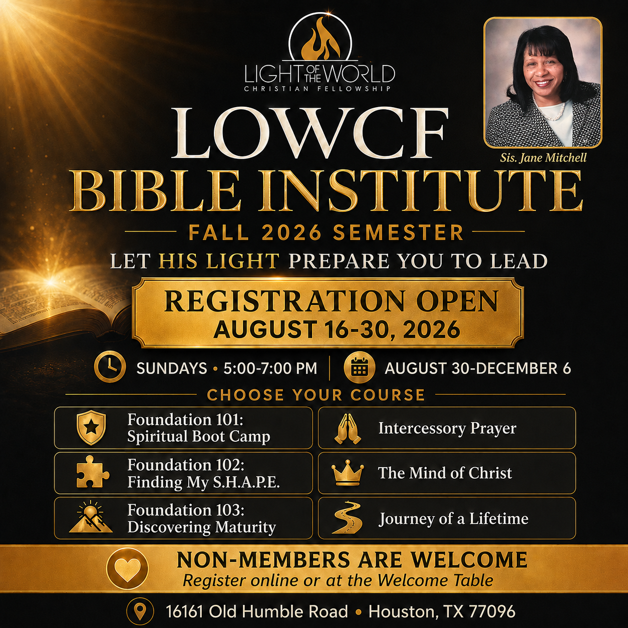 LOWCF Bible Institute Fall 2026 semester flyer: registration open August 16-30, 2026, Sundays 5-7 PM
